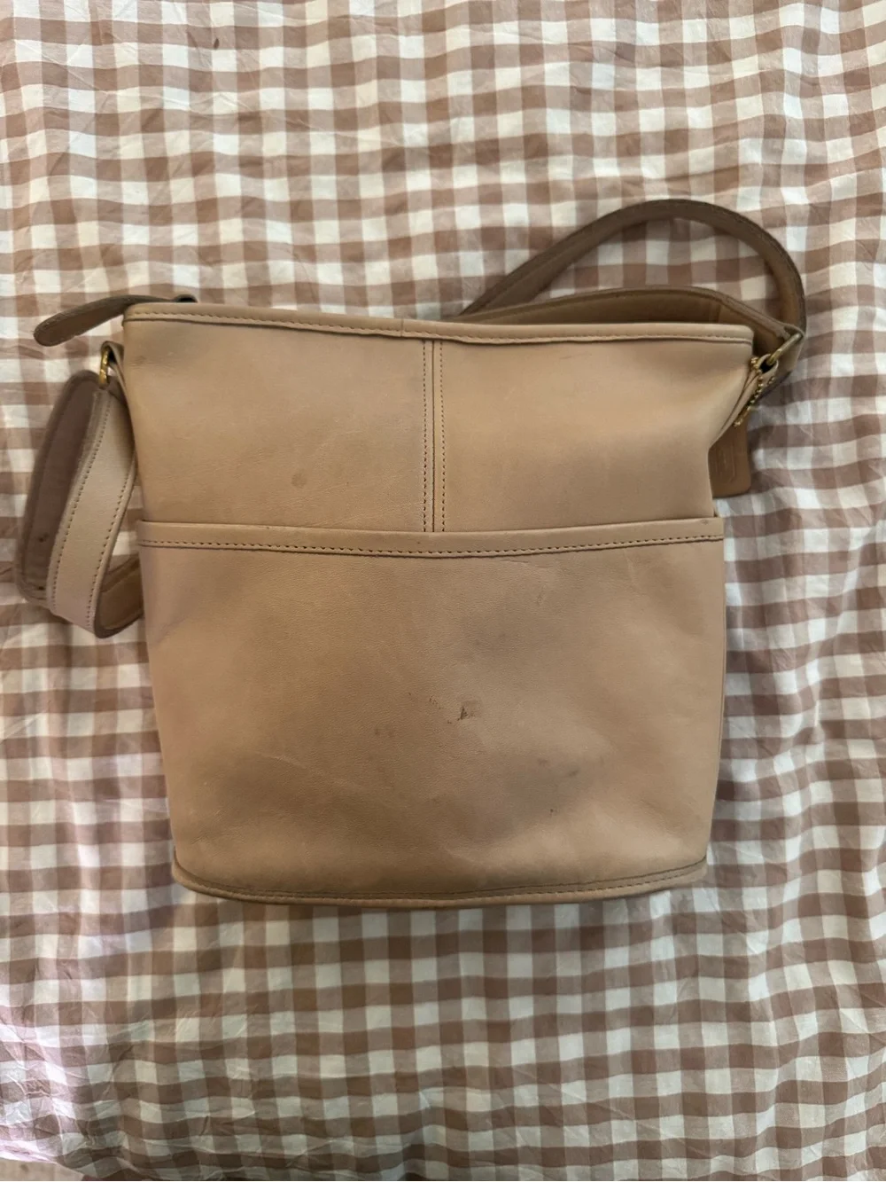 Vintage 80s COACH Leather Bucket Bag, Tan Crossbody Shoulder Bag, Made in USA